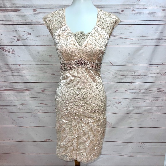 Sue Wong Nocturne Peach Pink Guipure Lace Jeweled Evening Cocktail Dress - Picture 1 of 16